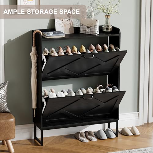 Nicetree Shoe Storage Cabinet with 2 Flip Drawers, Freestanding Shoe Organizer, Shoe Cabinet with Metal Legs, Farmhouse Slim Shoe Cabinet for Entryway, Foyer, Hallway, Black - color: Ebony, style: 2-Drawers