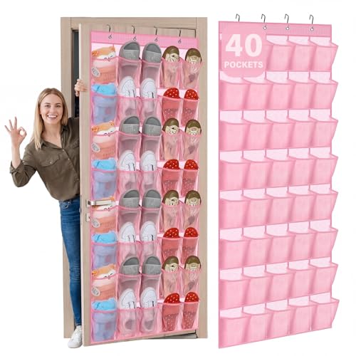 Windyun 40 Over the Door Shoe Organizer Large Breathable Mesh Pockets Pink Hanging Shoe Rack for Closet Behind Door Hanger Storage Holder Nonslip Hooks for Women Entryway Bedroom Utility Room - color: pink