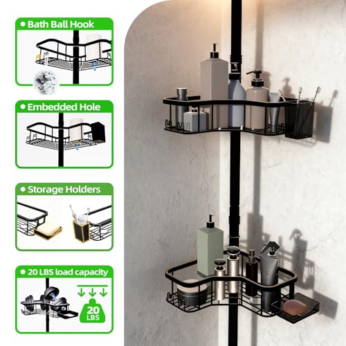 Corner Shower Caddy Tension Pole, 4 Tier Rust-Resistant Adjustable Bathroom Organizer Shelves, Bathtub Storage Rack with Soap Holder, No-Drill Install, Floor to Ceiling Rod 47-121 Inch, Black - color: Black