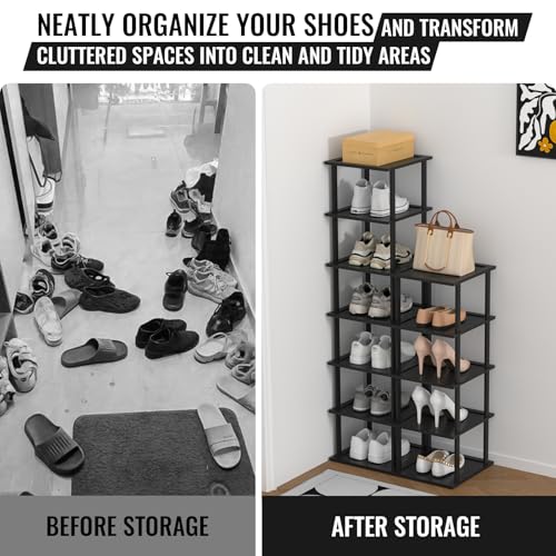 MHXW SXPN Bamboo Free Standing Shoe Rack Shelf Multi Tier Tall Wooden Stackable Shoes Rack Organizer for Closet Front Door Entrance Narrow Vertical Shoe Storage (Black, 12 Tiers) - color: Black, size: 12 Tiers