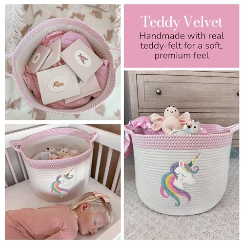 Unicorn Storage Basket for Nursery – Large 15”x11” Cotton Rope Bin with Soft Felt Animal Patch – Toy Organizer, Baby Laundry Hamper, Diaper & Towel Holder – Foldable, Washable & Baby-Safe - color: Unicorn
