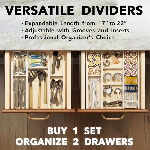 SpaceAid Bamboo Drawer Dividers with Inserts and Labels, Kitchen Adjustable Drawer Organizers, Expandable Organization for Home, Office, Dressers, 10 Dividers with 24 Inserts (17"-22" White) - color: WHITE, size: 2.35''H, 17''-22''L, 10 Dividers