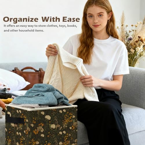 Vintage Rustic Floral Storage Box Bins, Dark Cottagecore Wildflower Collapsible Storage Basket Organizer for Bedroom Laundry Room Home Clothes Toys Books, Toybox for Girls - color: Floral E