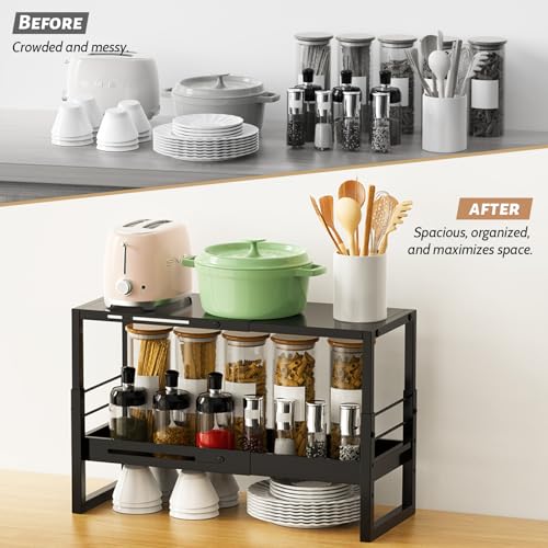 Adjustable Kitchen Countertop Organizer, 2-Tier Expandable Cabinet Counter Shelves, Heavy Duty Steel Pantry Organizers and Storage Shelf Rack Stand Riser, Adjustable Length & Height, Black