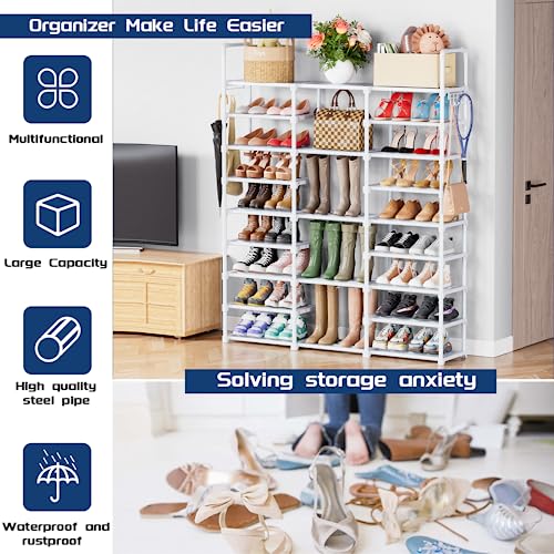 Mavivegue 9 Tiers Shoe Rack Tall Shoe Organizer Shoe Storage 50-55 Pairs Vertical Shoe Shelf Large Shoe Rack Organizer Stackable Shoe Racks for Entryway, Closet, Garage, Bedroom,Cloakroom - White - color: White, size: 3 Row 9 Tier