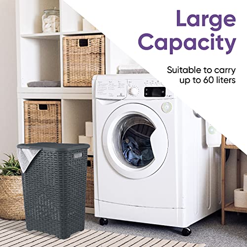 Plastic Laundry Hamper with Lid Laundry Hamper Basket, Grey Tall Cloths Hamper Organizer with Cut-out Handles. Space Saving for Laundry Room Bedroom Bathroom, Wicker Design 60 Liter - color: Grey, size: 1-pack