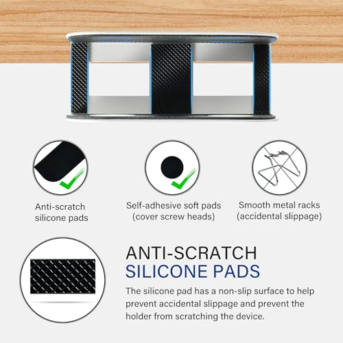 BYMECOST Under Desk Laptop Storage Mount, Metal Under Desk Device Holder, for Devices Up to 1.37" Thick, MacBook, Mini, Keyboard, Router, with Anti-Scratch Silicone (White) - color: White, size: 1.37" without hook