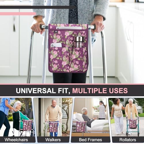 supregear Walker Bag, Universal Seniors Caddy Organizer with Multiple Pockets, Lightweight Accessories for Elderly, Rollators, Wheelchairs and Bedside Rails, Easy to Use Storage Pouch, Floral Purple - color: Floral Purple