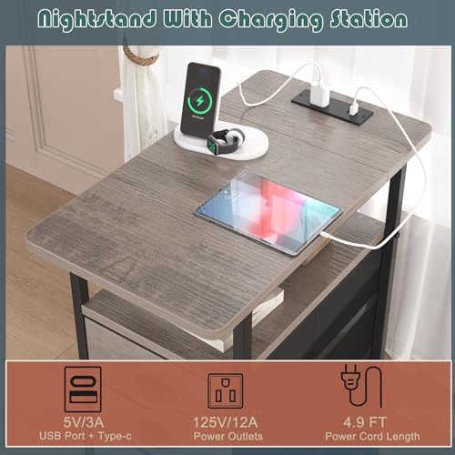 sthmec End Table with Charging Station, Side Tables Livingroom with USB Ports and Outlets,Narrow Nightstands Bedside Tables with 3 Drawers for Small Space,Slim Sofa Table Bedroom,Grey - color: Grey, size: 11.75'' W*21'' D* 24.3'' H, style: Power