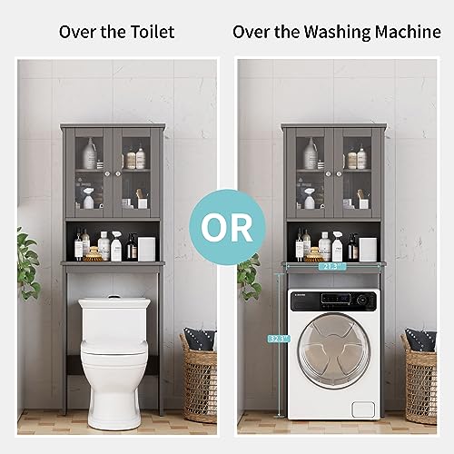 Shintenchi Over the Toilet Storage Cabinet, Bathroom Shelf Organizer with Anti-Tip Device Small Freestanding Space Saver with Adjustable Shelf and Glass Door, Gray - color: Grey, size: Glass Door
