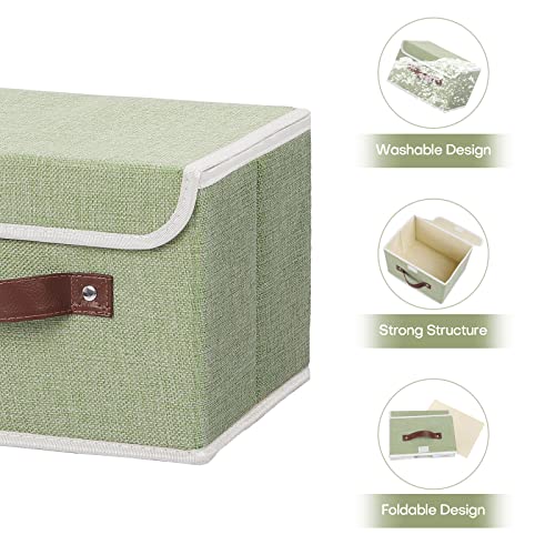 ANMINY Storage Bin with Lid Storage Boxes with PU Leather Handles PP Plastic Board Decorative Foldable Lidded Cotton Linen Fabric Home Cubes Baskets Closet Organizer Container - Green, Small Size - color: Mint Green, size: Small (Pack of 1)