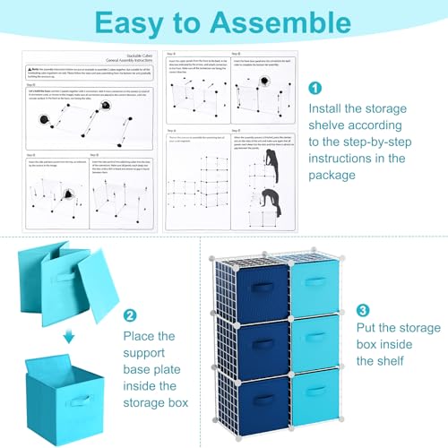 Leinuosen 6 Cube Storage Organizer with 6 Foldable Fabric Storage Bins, Metal Wire Grid Shelves, Stackable Modular Closet Organizer for Bedroom Living Room Office Toys Books(White,Blue) - color: White, Blue, Light Blue