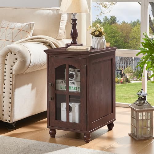 Narrow Side Table,Farmhouse Nightstand with Charging Station,Wood End Table with Glass Barn Door Storage, Cabinet Organizer with Adjustable Shelf, Night Stand for Small Spaces for Living Room Bedroom - color: Retro Walnut, size: Set 1