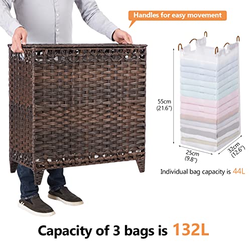 Laundry Hamper with 3 Removable Liner Bags; 132L Handwoven Rattan Laundry Basket with Lid & Heightened Feet; Clothes Hamper with Side Handles; Laundry Sorter with 3 Separate Sections - color: Brown, size: 132L-3 Section