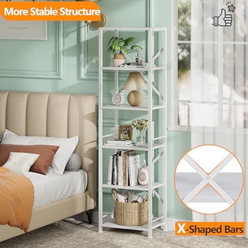 Furologee White Tall Bookshelf, Narrow Bookcase with 6 Shelves, Modern Freestanding Shelf Units, Metal and Wood Display Storage Corner Rack Organizer for Living Room, Home Office, Hallway, Bathroom - color: White, size: 6 Tier - 15.3"W