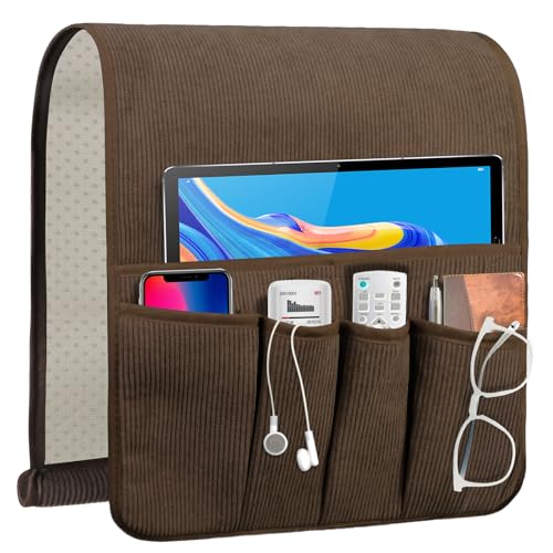 Couch Organizer Remote Control Holder Armchair Caddy, Anti Slip Corduroy Tv Remote Holder Couch Caddy with 5 Pockets for Storage Couch Accessories Bedside Organizer Senior Citizen Gifts - color: Brown