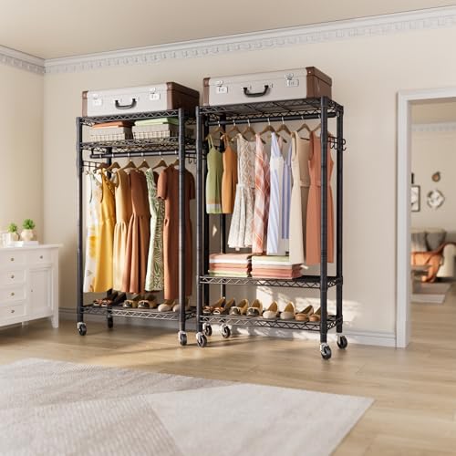 Heavy Duty Clothes Rack Rolling Garment Rack,3 Tier Adjustable Wire Shelving Clothing Racks for Hanging Clothes with Hanger Rod&Side Hooks,Freestanding Wardrobe Storage Rack Metal Portable Closet - color: Black3, size: 15.75"D x 23.5"W x 72.45"H