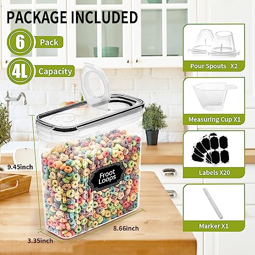 Skroam Cereal Containers Storage of 6 [4L/135.2 oz], Airtight Food Storage Containers with Lids, Plastic Cereal Dispensers for Kitchen & Pantry Organizers and Storage, Measuring Cup & 20 Labels - color: 6 PACK