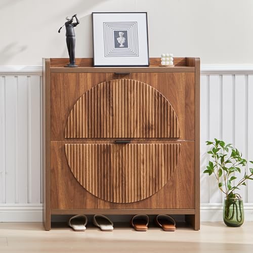 Narrow Shoe Cabinet Storage for Entryway, Wood Slim Shoe Rack Cabinet with 2 Flip Drawers, Freestanding Hidden Shoe Storage Organizer, Space-Saving, Fluted Pattern for Hallway,Living Room (Walnut) - color: Walnut-2 Flip Drawers