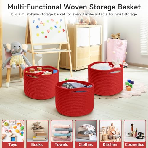 Small Rope Baskets for Storage, Baskets for Gifts Empty, Cute Round Woven Basket, Decorative Shelf Baskets 9.82×9.82×7.1", Cotton Toy Basket Storage Bins for Organizer 3 Packs-Red - color: Red-3PCS