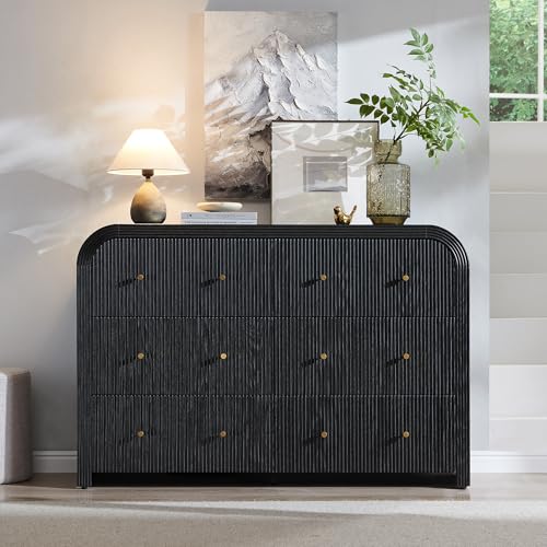 T4TREAM Fluted 6 Drawers Dresser for Bedroom, 54" Wide Modern Chest of Drawers with Thickened Curved Profile Design, Wood Dressers TV Stand for Bedroom, Living Room, Hallway, Black Oak - color: Black Oak, size: 15.75"D x 54"W x 36"H(6 Drawers)