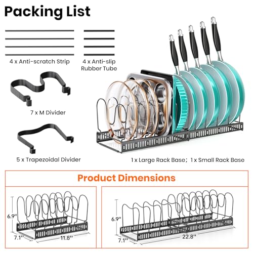 MUDEELA Expandable Pots and Pans Organizer Rack under Cabinet, Pots Lid Organizer Rack for Kitchen Cabinet Organizers and Storage with 12 Adjustable Dividers Cutting Board Holder & Anti-Scratch Strips - style: 12 Dividers-Black