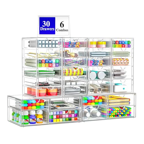 ARSTPEOE 30 Drawers, Acrylic Desk Makeup Organizer, Plastic Drawers Organizer, Stackable Storage Solution for Makeup, Dresser, Office, Bathroom Clear Plastic Craft and Bead Storage Cabinet - size: 30 Drawers