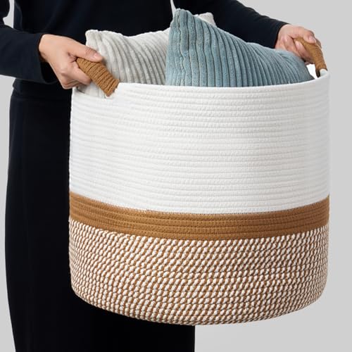 Blanket Basket - Woven Round Rope Storage Basket (16"Wx14"H) for Blankets & Throws, Small Laundry & Toy Organizer, Decorative Living Room & Bedroom Cotton Basket - White & Jute Mixed - color: White & Jute Mixed, size: Regular-16"Wx14"H