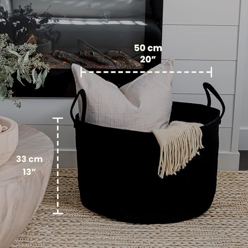 OrganiHaus Large Woven Storage Basket for Blankets and Toys 20" x 13" Inch, Rope Laundry Basket with Handles, Cushions & Pillows Storage Bin, Nursery Hamper, Soft Round Dog Toy Bin - Black - color: Full Black, size: Wide