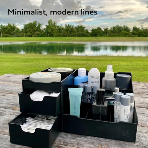 Uncluttered Designs Large Black Vanity Organizer - Countertop Mens Organizer With Drawers for Cologne, Deodorant, Beard, Shaving Lotion, Perfume & Skincare - Perfect for Bathroom & Bedroom Storage - color: Black