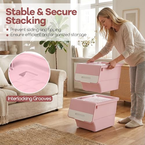 Giantex Plastic Stackable Storage Bins with Lids & Wheels, 3 Pack Open Front Stacking Bins, Organizer Bins for Pantry, Kitchen, Laundry, Closet, Playroom, Bedroom Organization (12.5 QT) - color: White + Pink, size: 3 Pack, 12.5 QT