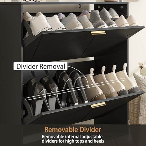 LYNSOM 2er Set Shoe Cabinet with 4 Flip Drawers, Black Shoe Storage Cabinet, Slim Wooden Freestanding Shoe Rack, Shoe Organizer with Fluted Panel for Entryway Hallway - color: Black, size: Set of 2