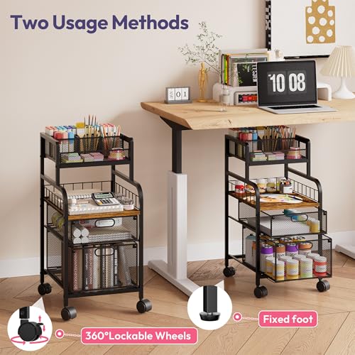 SWTYMIKI Rolling Cart with Drawers - Metal Utility Cart with Wood Shelf, DIY Divider and Locking Wheels, Craft & Art Cart Organizer for Under Desk Storage for Home Office Studio, Espresso - color: 4 Tiers-Espresso, size: 4 Tiers