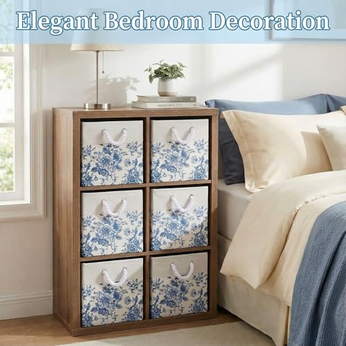 LemonRoad 6 Pcs Blue Floral Cube Storage Bins 11.22 Inch Square Storage Basket with Handle, Preppy Girls Organizer Basket, Collapsible Fabric Box for Classroom Bedrooms Office Home Decoration Giftad - color: Blue, size: 11.22 Inch, style: Floral