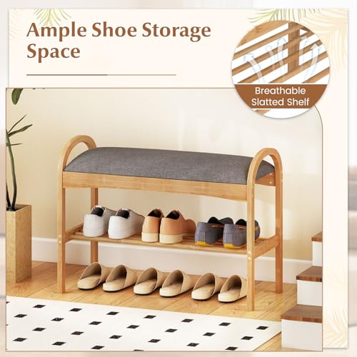 Giantex Shoe Rack Bench, Bamboo 2-Tier Entryway Bench with Padded Cushion, Shoe Storage Bench for Hallway, Closet, Foyer, Living Room, Bedroom, Mudroom - size: 12.5"D x 27.5"W x 20"H（Without Flip-Top Storage）