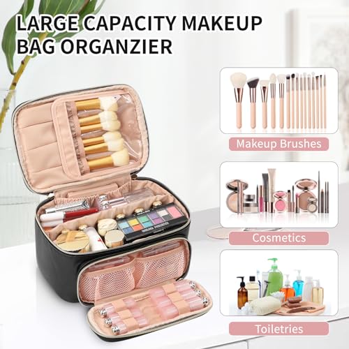 OCHEAL Makeup Bag, Multifunctional Make Up Bags with Zipper Pouch Large Compact Makeup Bag Organizer for Women Girls Cosmetics Toiletry Brushes Storage Makeup Case with Handle Divider-Black - color: 001_Black with front pocket, size: Medium
