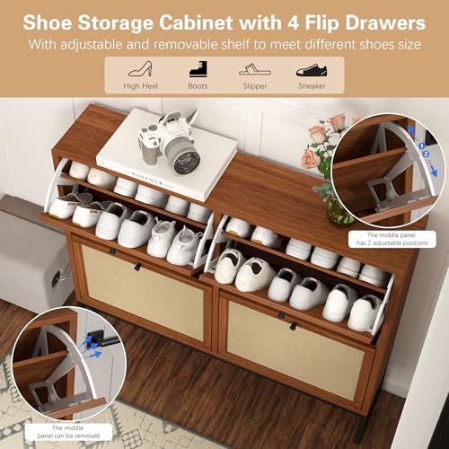 Shoe Cabinet, Shoe Storage Cabinet with 4 Flip Drawers, Freestanding Shoe Organizer Shoe Rack for Entryway, Hallway, Living Room (Walnut - 8 Tiers) - color: Walnut - 8 Tiers