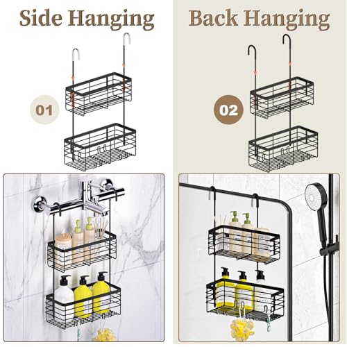 DELLAN 2-Tier Shower Hanging Caddy, Shower Rack with Hooks Over the Door, Stainless Steel Hanging Orangizer and Basket (Black) - color: Black, size: 2-Tier 11"D x 4.7"W x 4.1"H