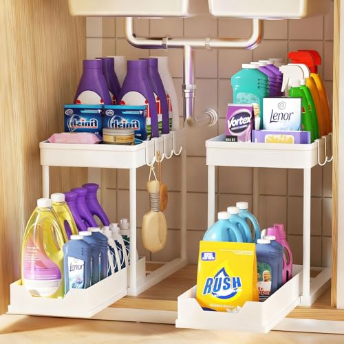 Under Sink Organizers and Storage 2 Pack, Pull-Out Sliding Cabinet Organizer with 2-Tier Storage Shelf & 4 Hooks, Multi-Purpose for Kitchen & Bathroom (13 Inch, White) - color: White