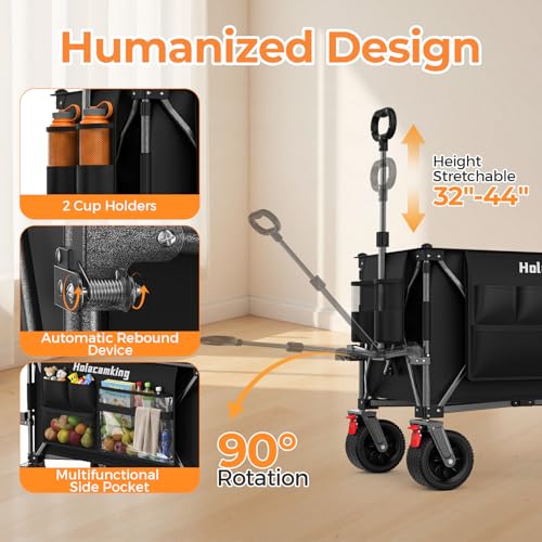 58”L Extender Collapsible Wagon, Extra Long Foldable Wagon Cart with Extended Tailgate, Heavy Duty Rolling Utility Cart with All-Terrain Big Wheels for Shopping Sports Beach, Black - size: 240L