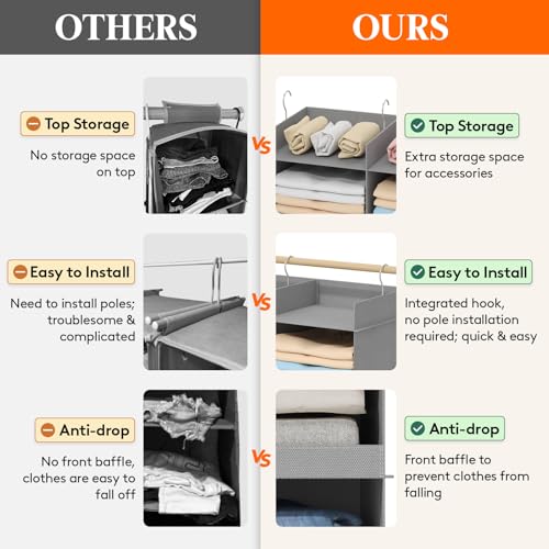 Lifewit Dual-Row Shelf Hanging Closet Organizer and Storage, Clothes Shelves with 3 Sturdy Hooks for Clothing Organization, Foldable Container Hold Up to 36 Sweaters, 6 Tier 12 Sections, Light Gray - color: Light Gray, size: 6-Tier