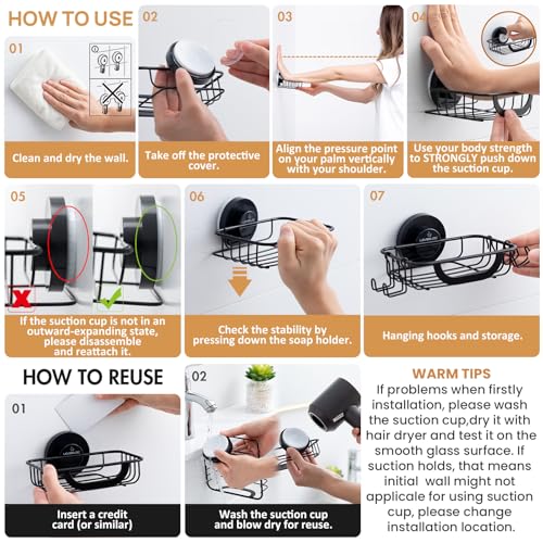 LEVERLOC Soap Holder Shower with Hooks, Bar Suction Cup Soap Dish Tray for Wall, Rust-Proof Stainless Steel Sponge Caddy for Bathroom Accessories Organizer Bathtub Kitchen Sink, Black - style: 1 tier Black