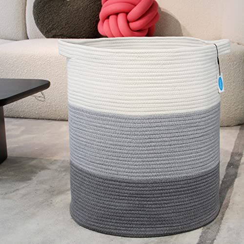 Casaphoria Cotton Rope Storage Basket for Organizing,Round Blanket Basket Living Room,Woven Laundry Basket with Handles for Bathroom Bedroom,Stripe Woven Cotton Laundry Hamper,Tall Laundry Basket - color: ‎cream and gray