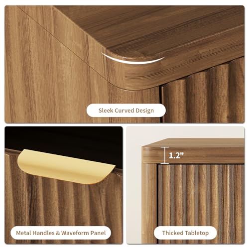 Fluted Nightstand with Charging Station, 22.8Inch Wide Bedside Table End Table with Drawer, Curved Corners, Modern Bedside Table for Bedroom, Living Room, Sofa, Walnut - color: Rectangle - Walnut