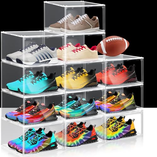 12 Pack Plastic Shoe Storage Boxes Fit US Size 13, Clear Stackable Shoe Display Case with Acrylic Magnetic Side Door, Shoe Containers for Sneaker Storage, Hats, Figure, Collectible - color: Clear, size: M-Large Size 13