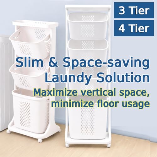 Japard 83 Litres Rolling Laundry Hamper Ultra Slim, Vertical 3 Sorter Cart with Wheels and Breaks, 3-tier Baskets Detachable for Dorm, Closet, Easy Assembly White Gray - size: 3 Tier