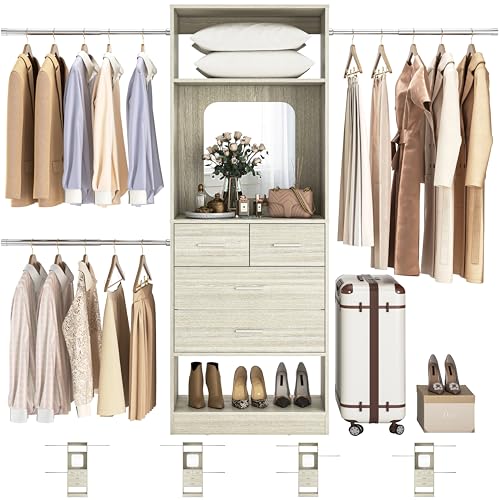 Unikito 8FT Closet System, Customizable 96” Closet Storage Organizer with 25” Tower and 3 Extendable Hanging Rods (Can Be Cut to Fit), Heavy Duty Clothing Racks with 4 Drawers and Shelves, White Oak - color: White Oak