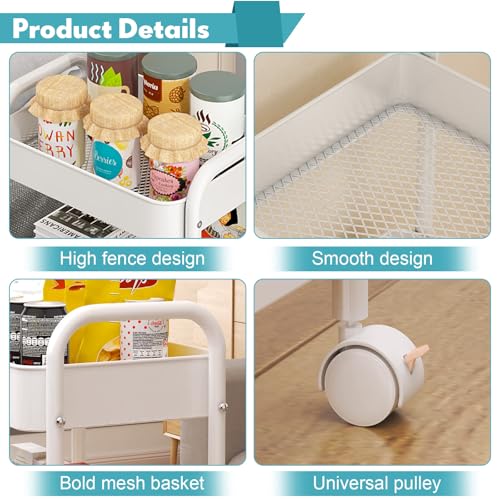 3 Tier Metal Rolling Cart, Heavy Duty Utility Storage Organizer with Lockable Wheels, Mobile Utility Cart for Livingroom, Bathroom, Kitchen, & Narrow Places, White