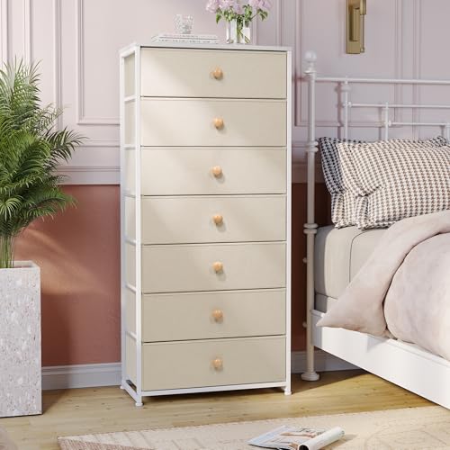 Crestlive Products Tall Dresser, 7-Drawer Wide Fabirc Storage Tower, Chests of Drawers - Vertical Organizer Unit for Bedroom, Hallway, Entryway, Nursery, Wood Top, Closets with Handles (Beige) - color: Beige, style: Wide-7 Drawers