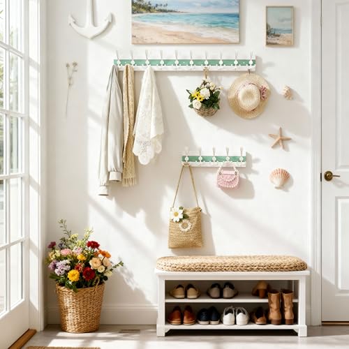 SKOLOO Coastal Wall Mounted Coat Rack - 16-7/8" Beach House Entryway Wooden Coat Hook with 5 Hooks for Hanging Coats, Hats or Towels, Oceanfront Cottage Core Collection, White & Green - color: Green & White Plates & White Hook, size: 1 Item-5 Hooks
